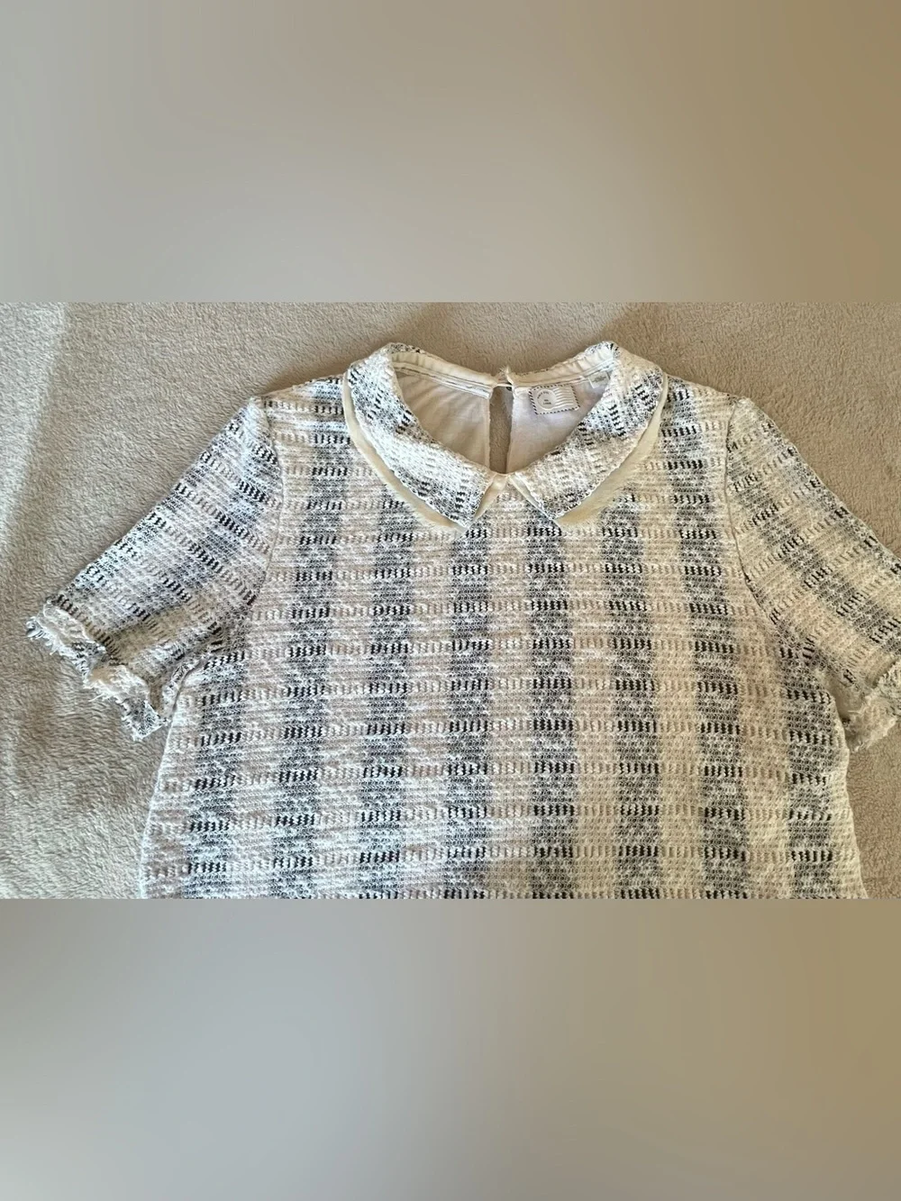 Anthropologie 9-H15 STCL Cream Short-Sleeve Tweed Top with Peter Pan Collar